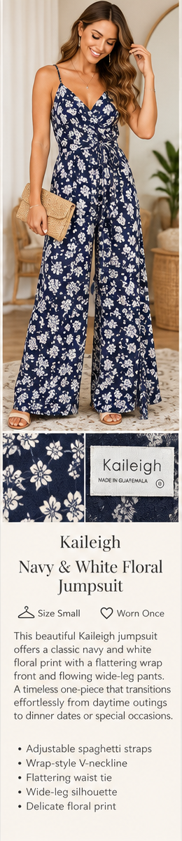 Kaileigh Navy & White Floral Wrap-Style Jumpsuit – Small