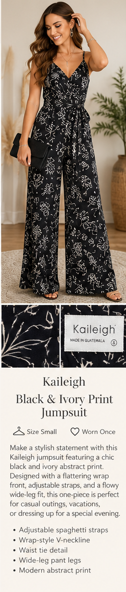 Kaileigh Black & Ivory Abstract Print Wide-Leg Jumpsuit – Small