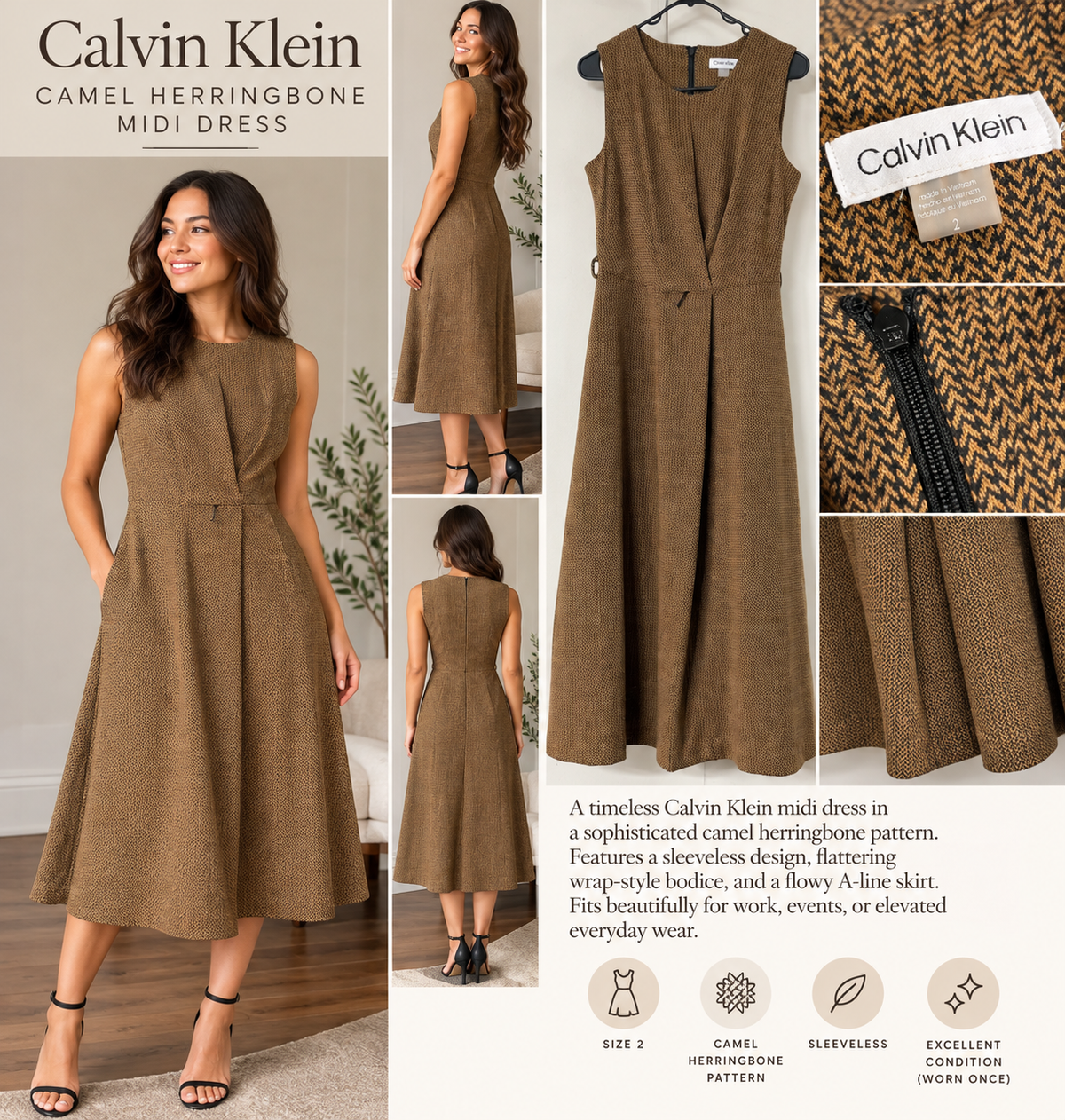Calvin Klein Camel Herringbone Midi Dress — Size 2