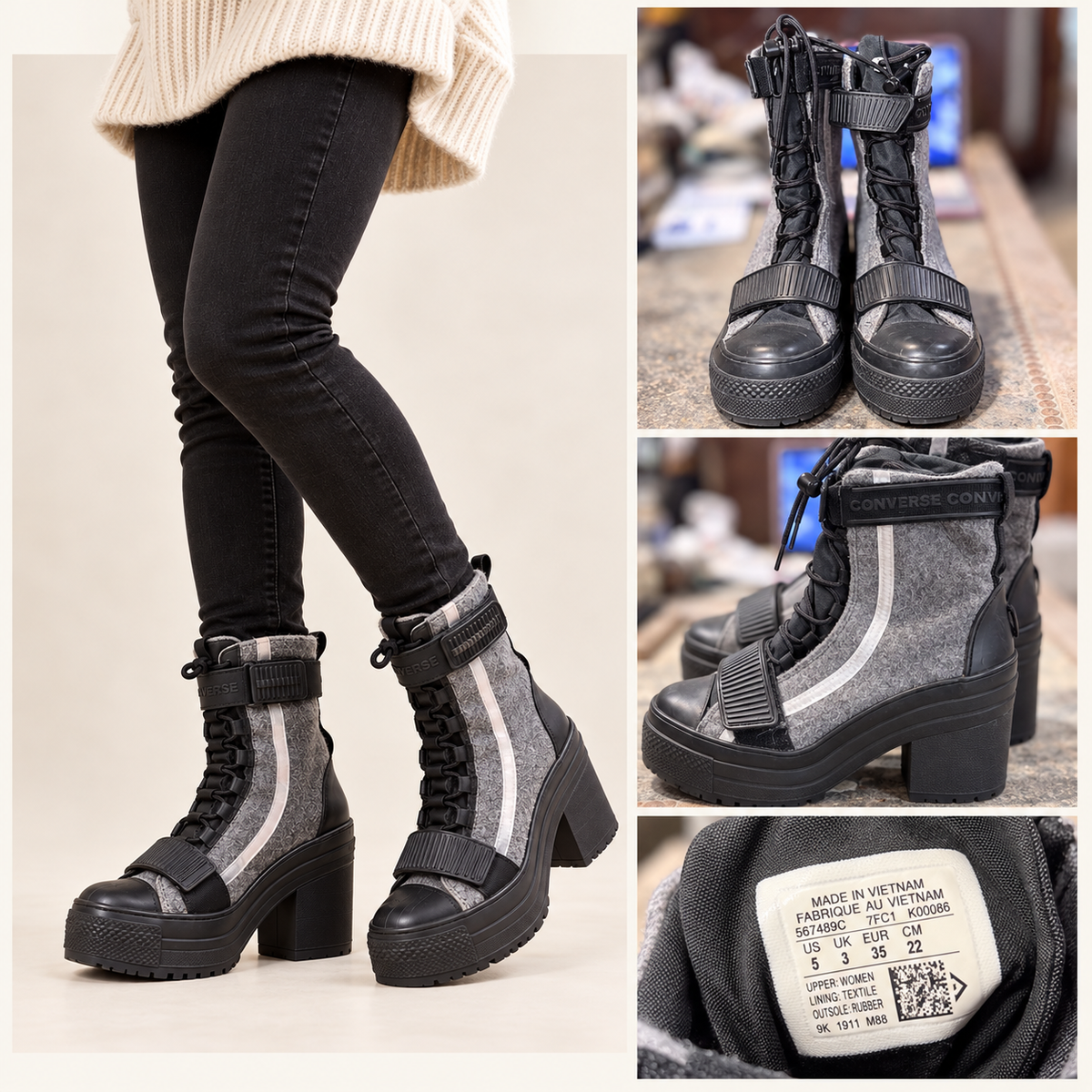 Converse Chuck Taylor All Star GR82 Gray & Black Platform Heel Utility Boots – Women's Size 5