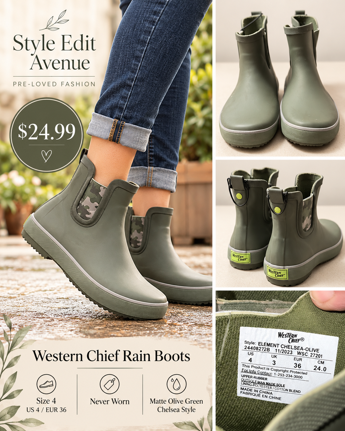 Western Chief Element Chelsea Rain Boots – Olive Green | Women's Size 4