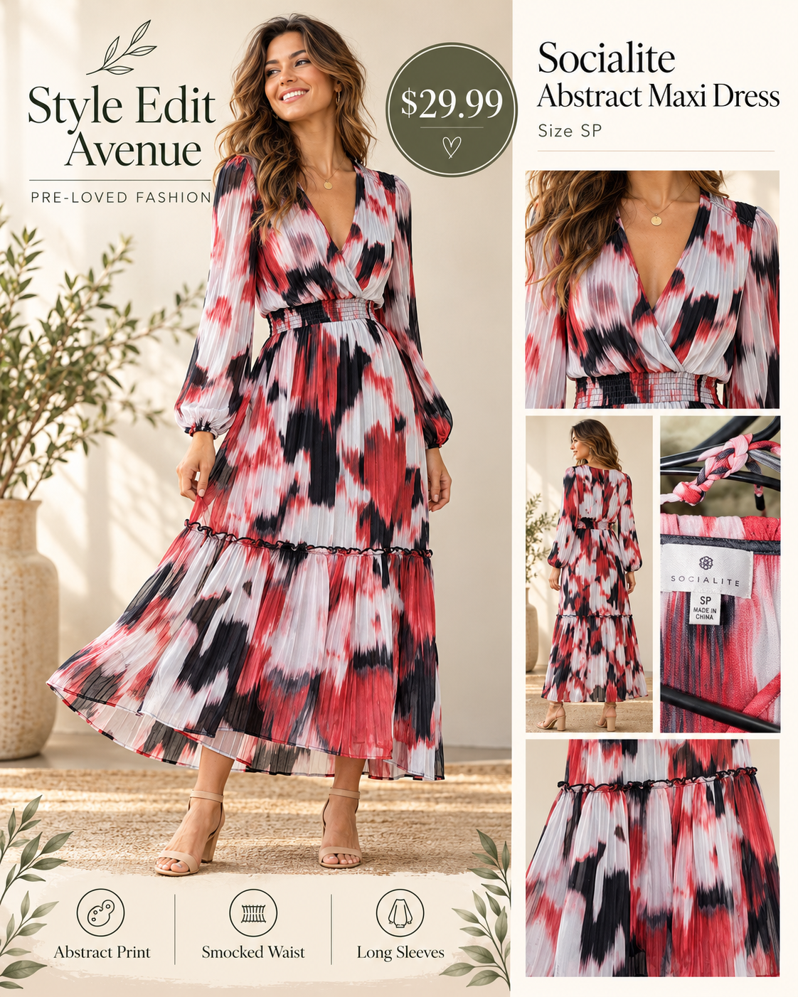 Socialite Abstract Print Long-Sleeve Maxi Dress — SP
