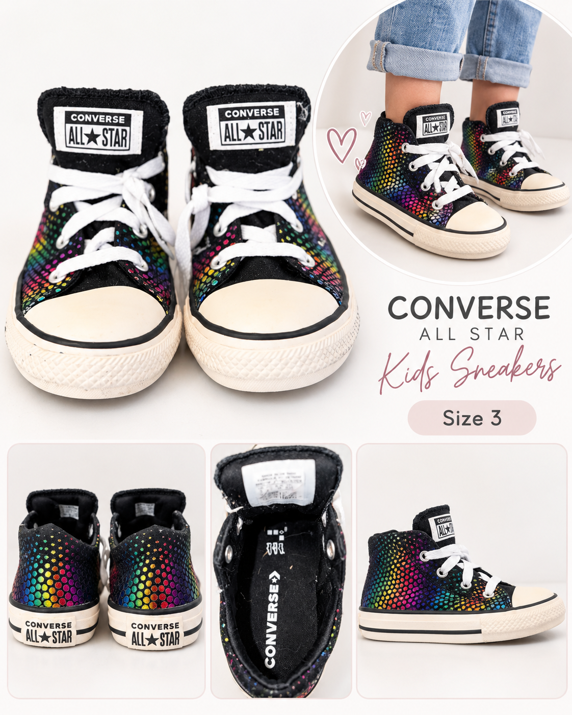 Converse All Star Black Rainbow Metallic Shimmer Sneakers – Youth Size 3