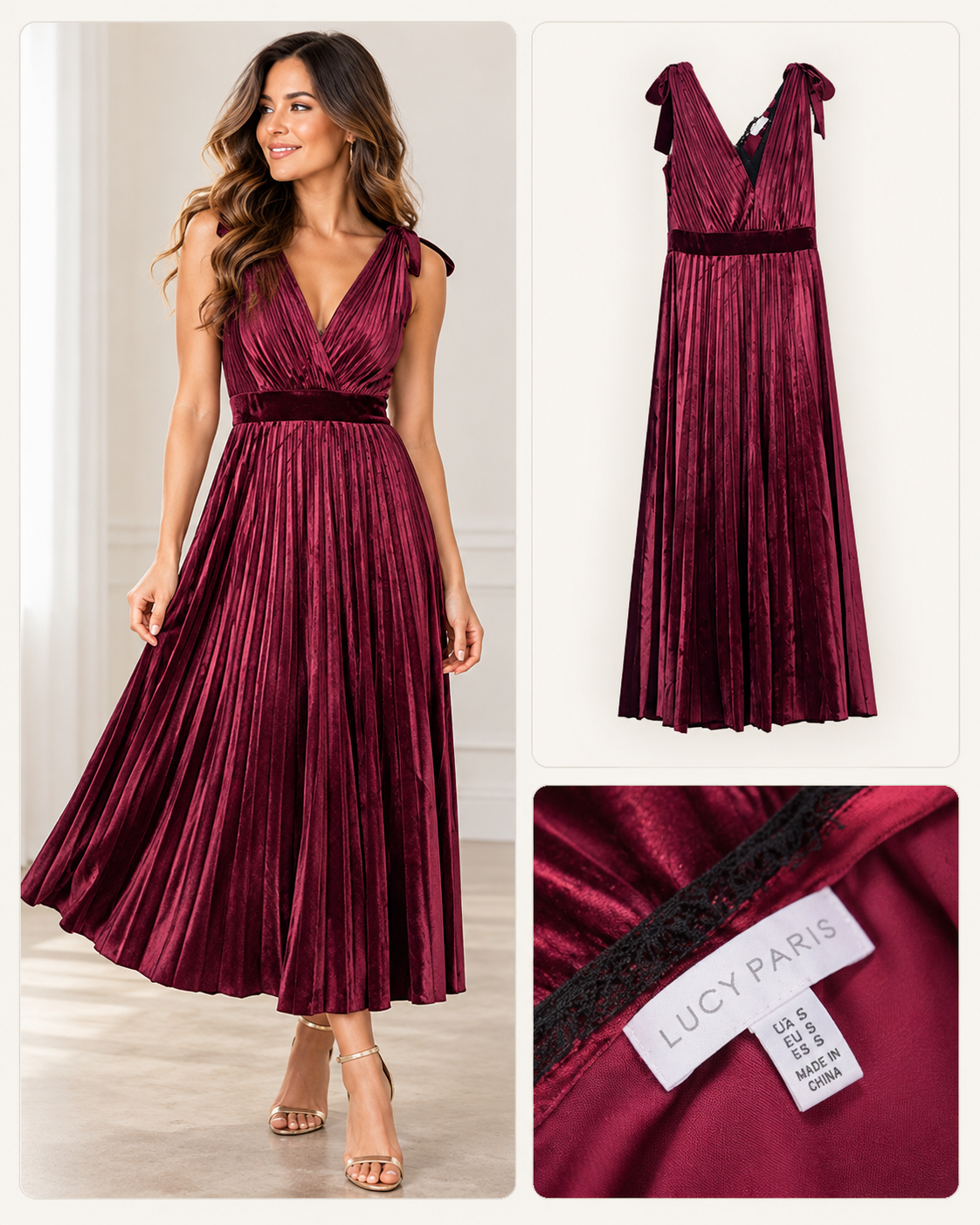 Lucy Paris Burgundy Velvet Pleated V-Neck Dress