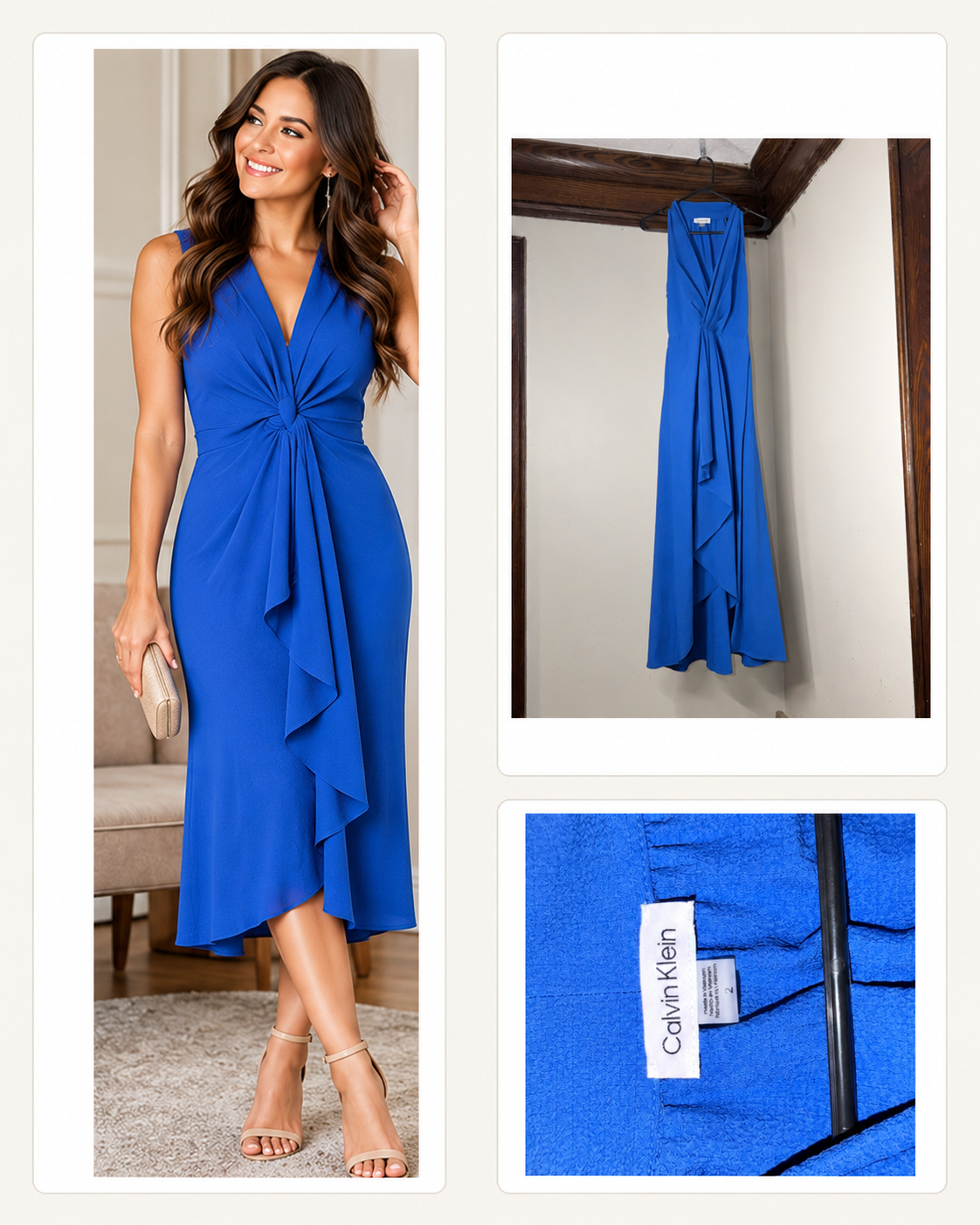 Calvin Klein Royal Blue Draped Sleeveless Dress