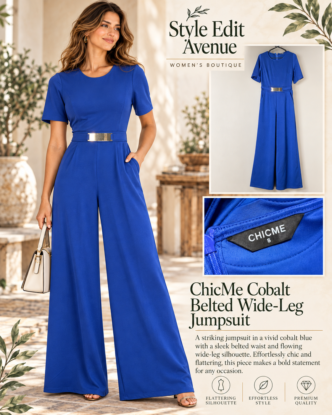 CHICME Royal Blue Belted Wide-Leg Jumpsuit — Small