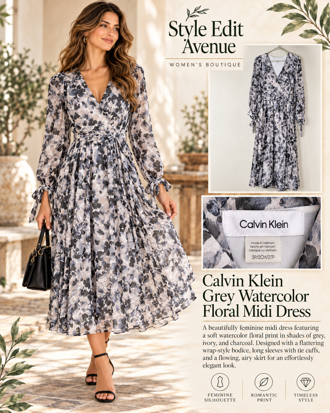Calvin Klein Black & Gray Floral Long-Sleeve Midi Dress