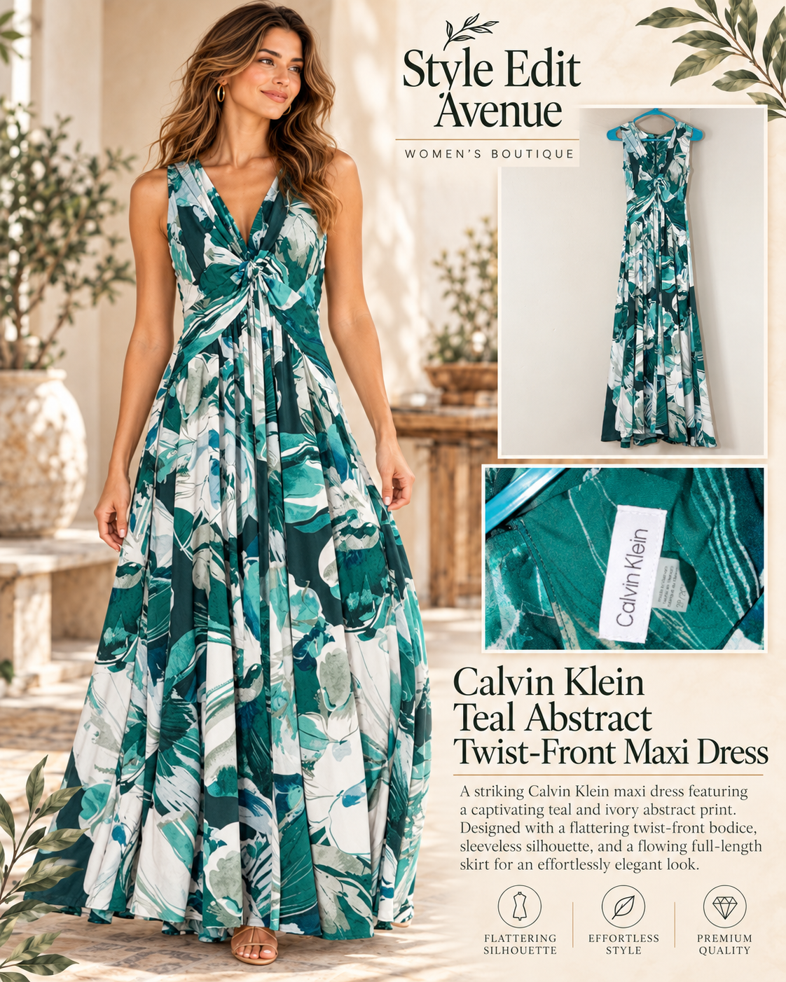 Calvin Klein Green & Ivory Botanical Print Dress
