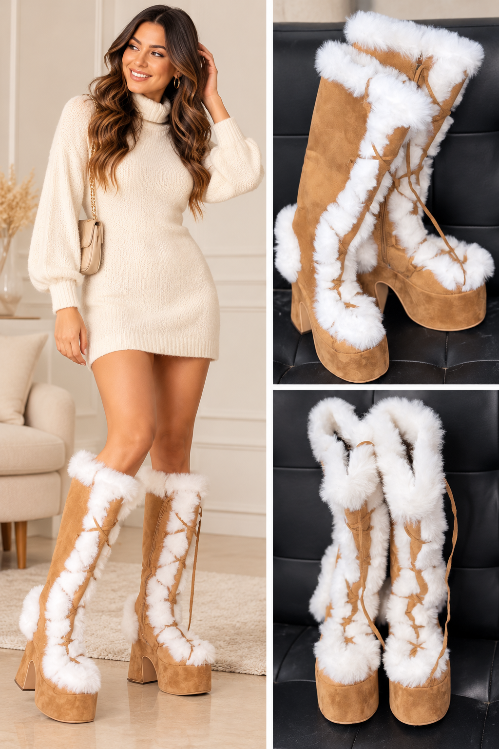 Tan & White Faux-Fur Trim Lace-Up Platform Boots – Y2K Style