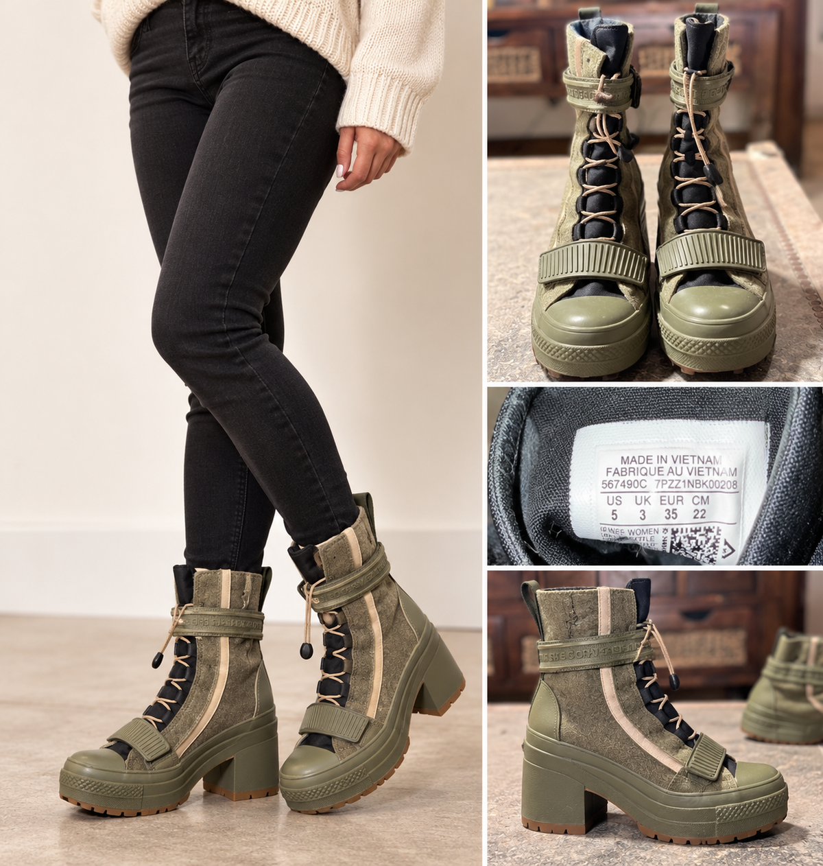 Converse Chuck Taylor All Star GR82 Olive Green Platform Heel Utility Boots – Women's Size 5