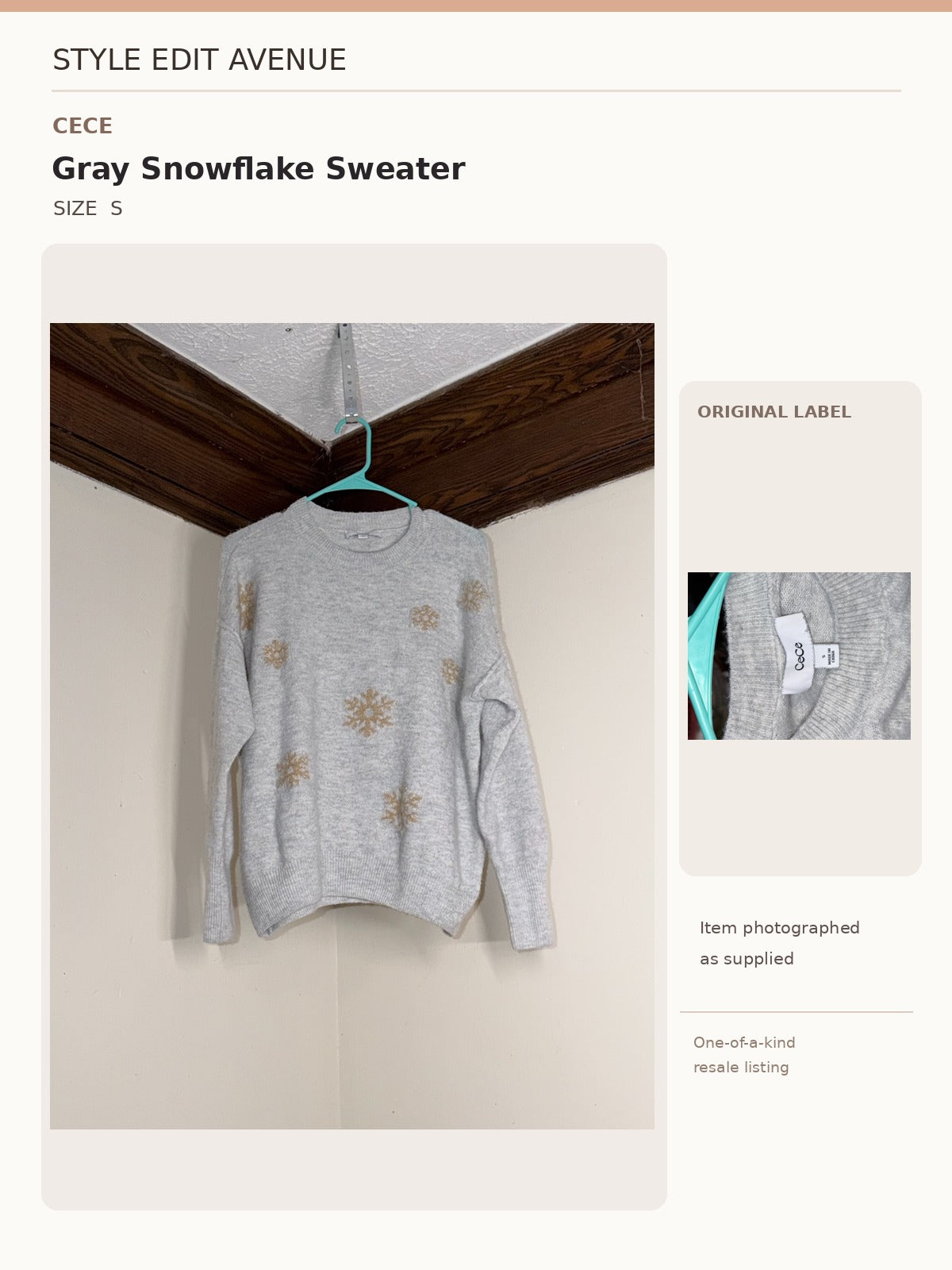 CeCe Gray & Gold Snowflake Knit Sweater — S