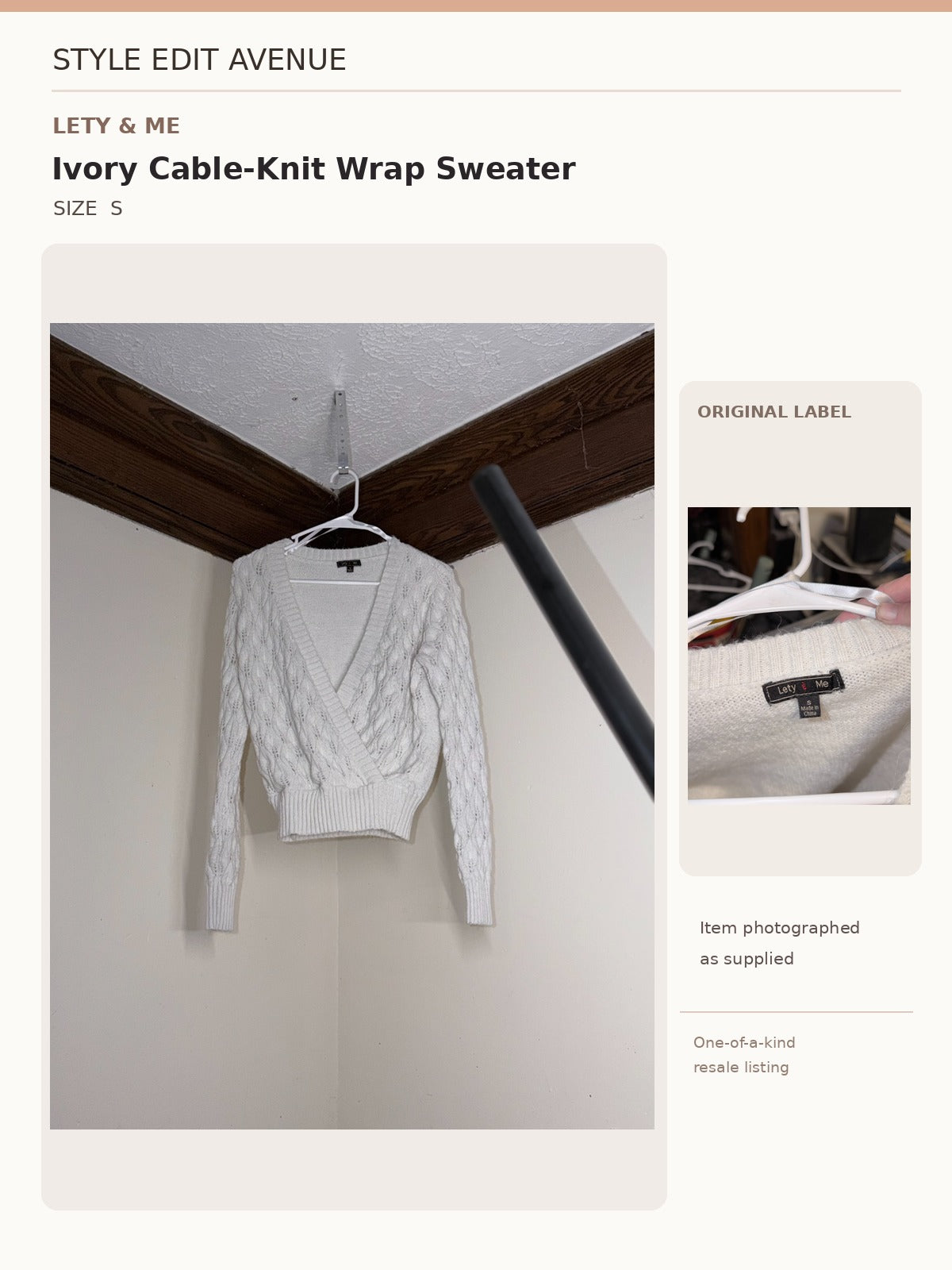 Lety & Me Ivory Cable-Knit Wrap Sweater — S