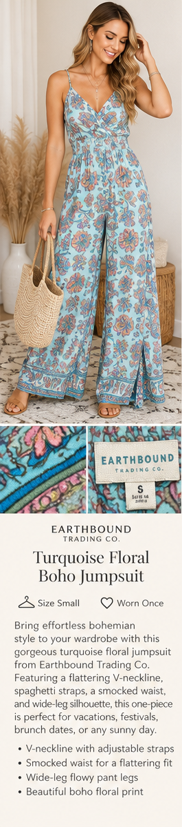 Earthbound Trading Co. Turquoise Floral Boho Wide-Leg Jumpsuit – Small
