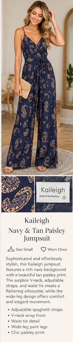 Kaileigh Navy & Tan Paisley Print Wide-Leg Jumpsuit – Small
