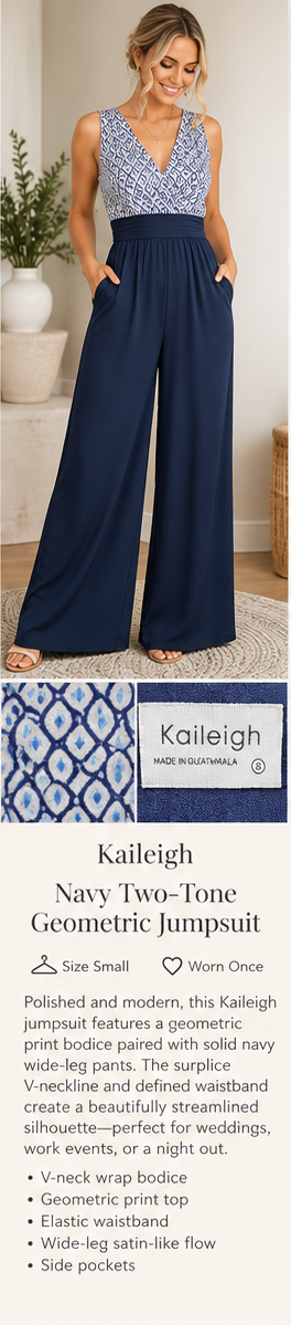 Kaileigh Navy Two-Tone Geometric Print Wide-Leg Jumpsuit – Small