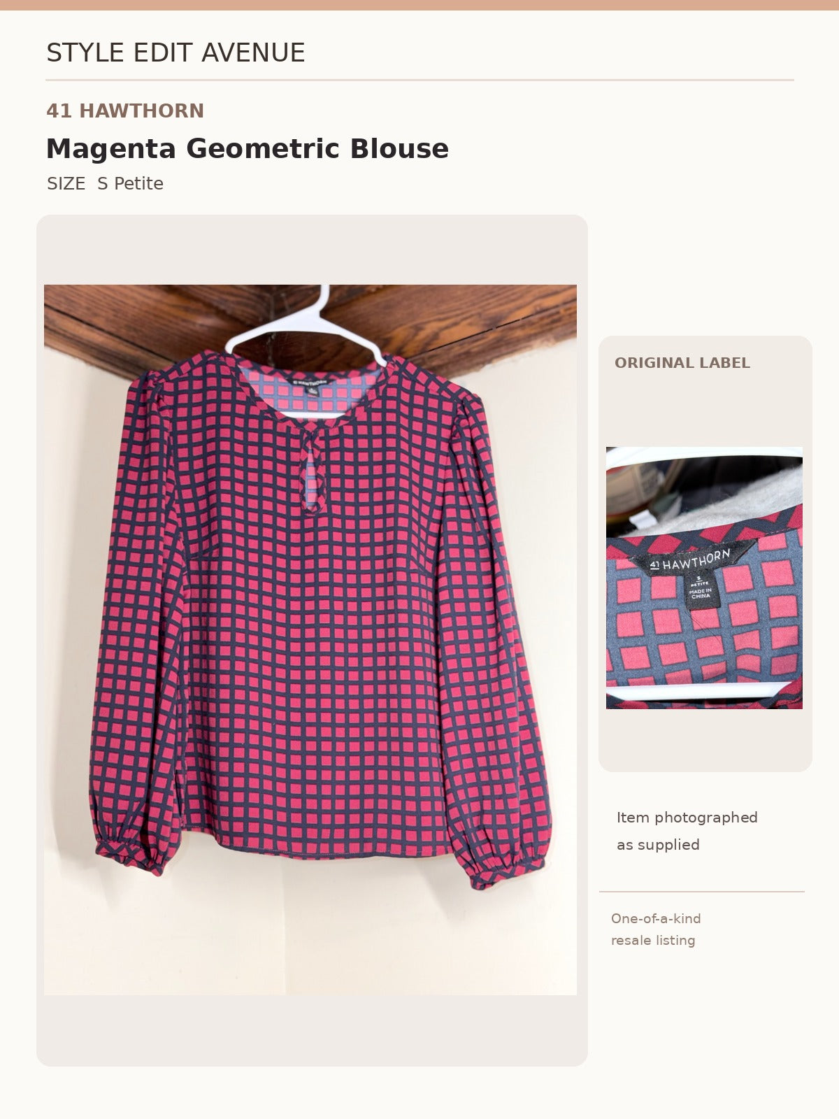 41 Hawthorn Magenta & Navy Geometric Print Blouse — S Petite