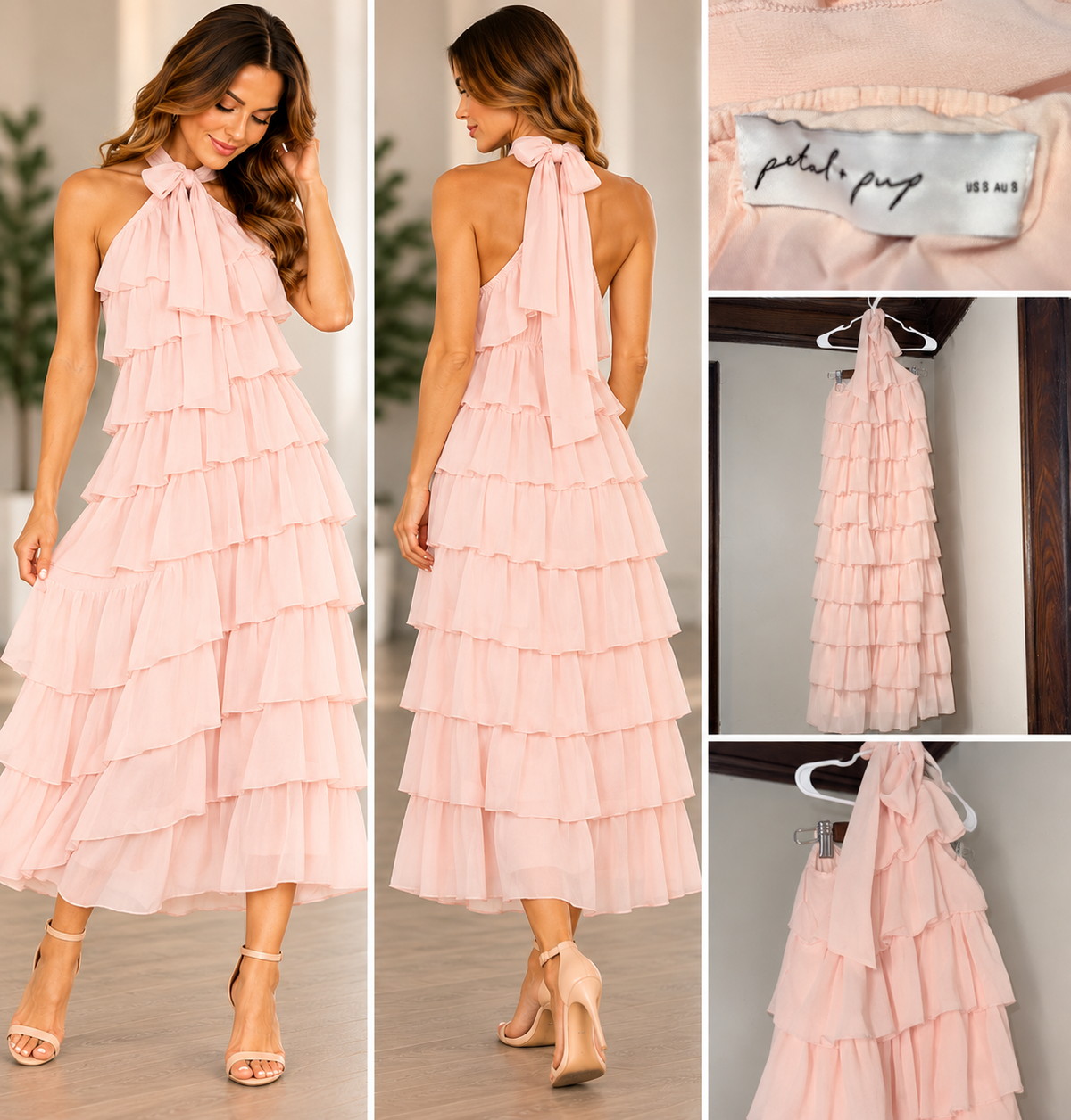 Petal + Pup Blush Pink Tiered Ruffle Halter Dress – Size S -Never Worn