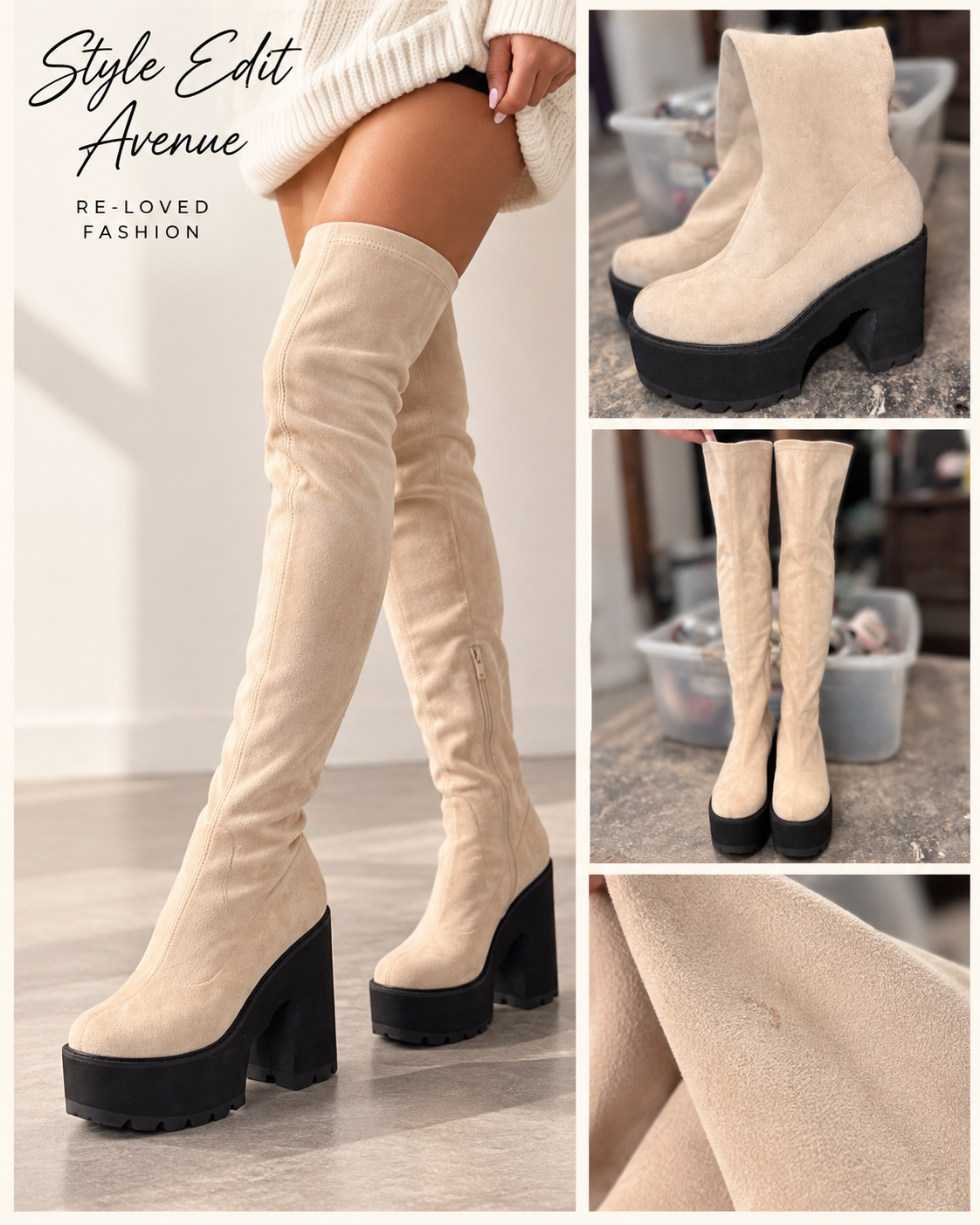 Product Title: Beige Suede-Look Over-the-Knee Platform Boots – Chunky Block Heels