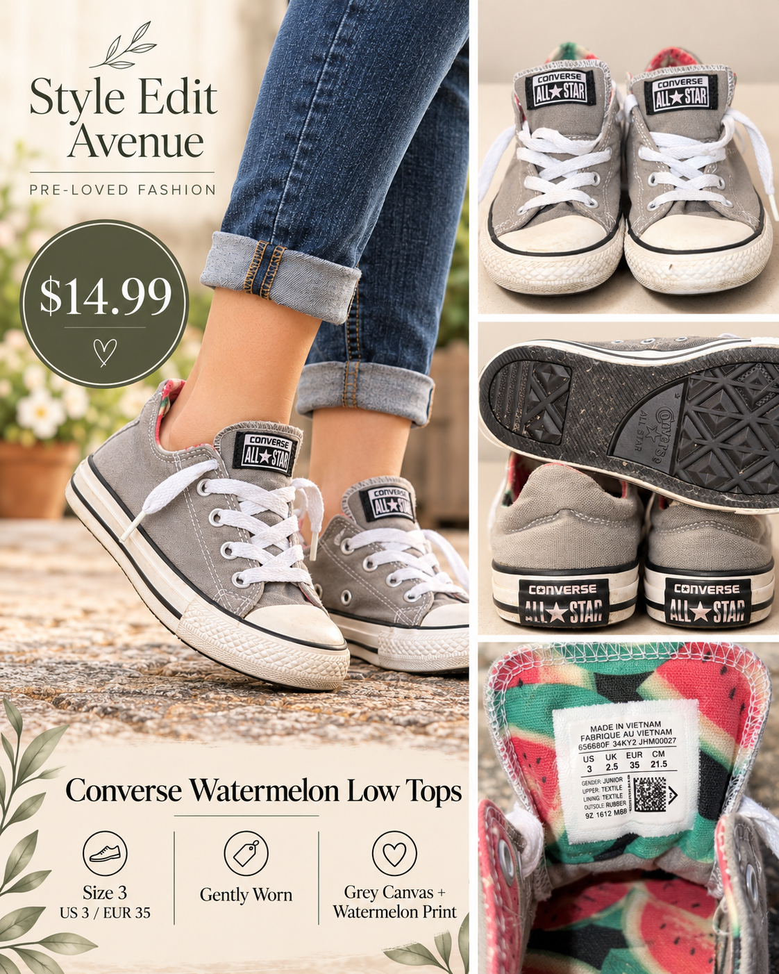 Converse Chuck Taylor All Star Gray Watermelon Sneakers | Junior Size 3