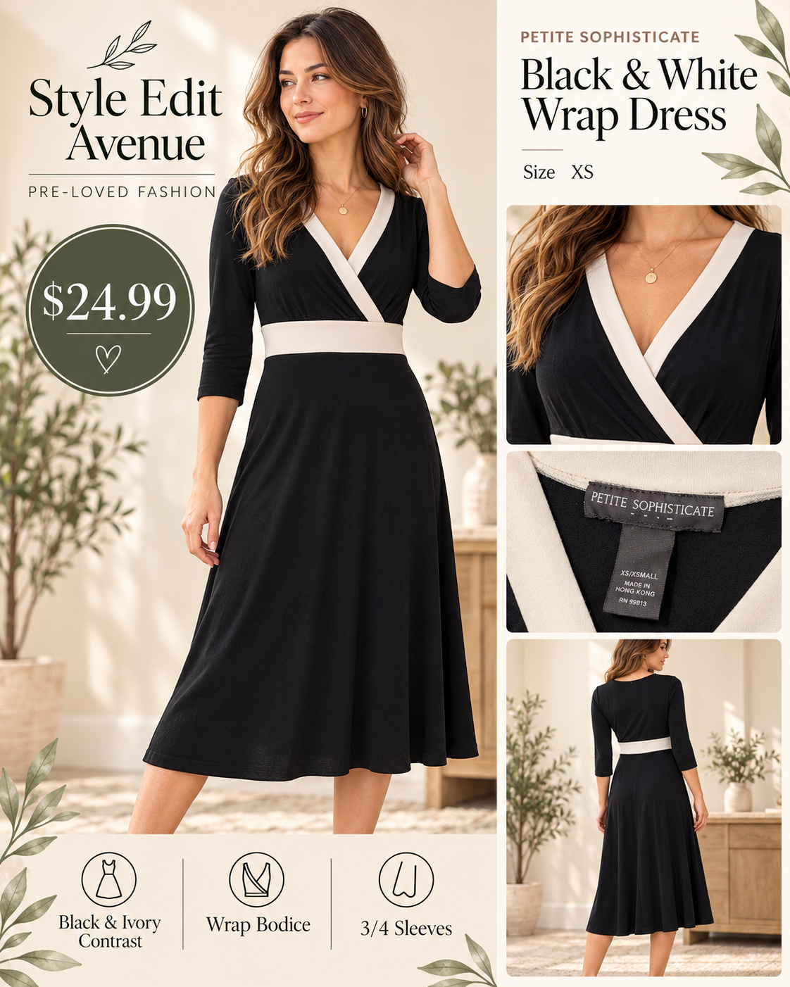 Petite Sophisticate Black & White Contrast Wrap Dress — XS