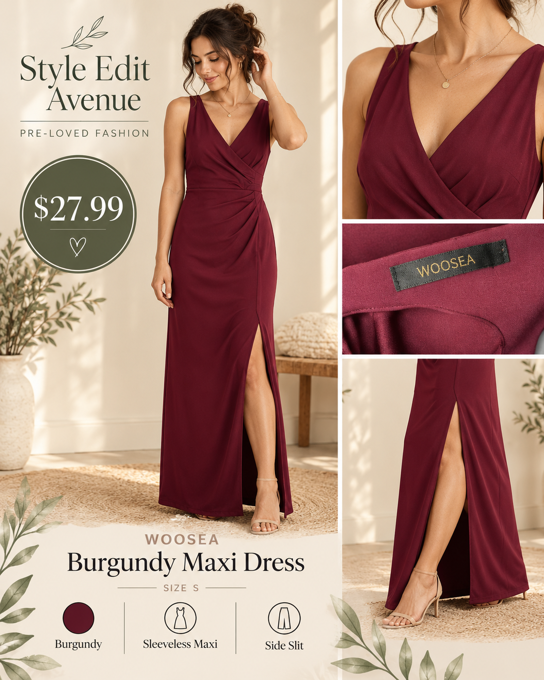 Never Worn- WOOSEA Burgundy Sleeveless Maxi Evening Dress — S