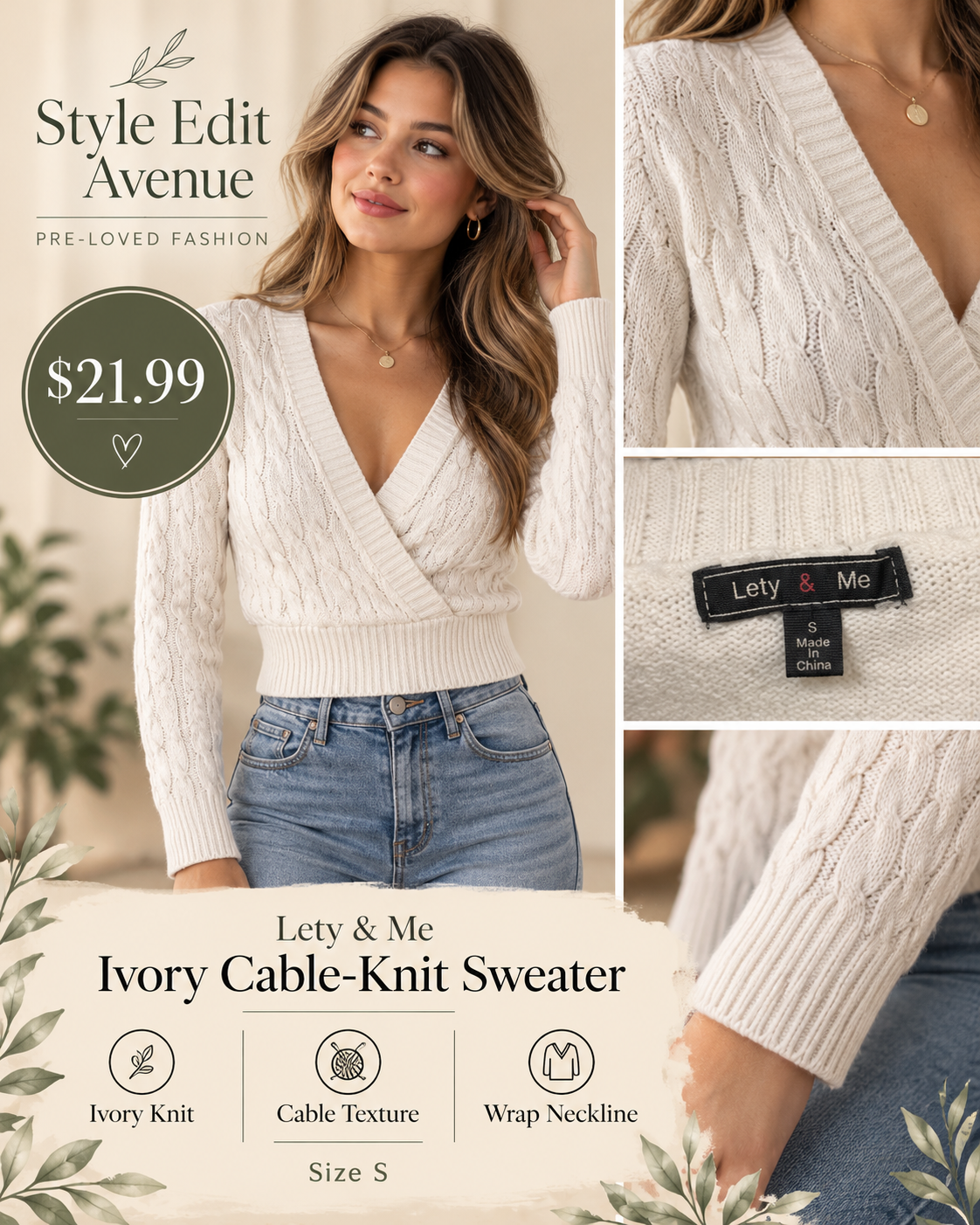 Lety & Me Ivory Cable-Knit Wrap Sweater — S