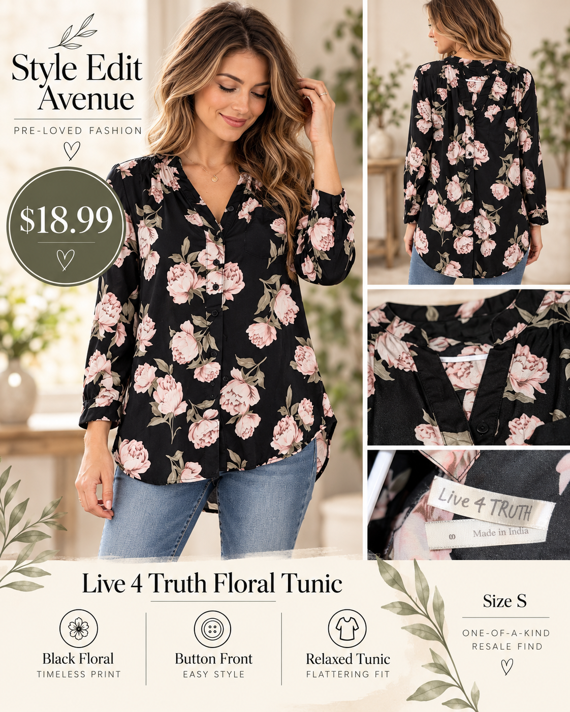 Live 4 Truth Black & Pink Floral Button-Front Tunic — S