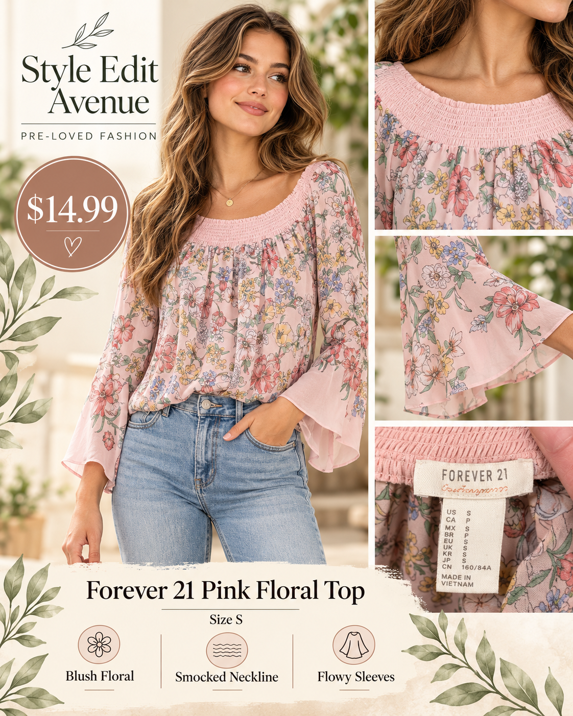 Forever 21 Contemporary Pink Floral Peasant Blouse — S