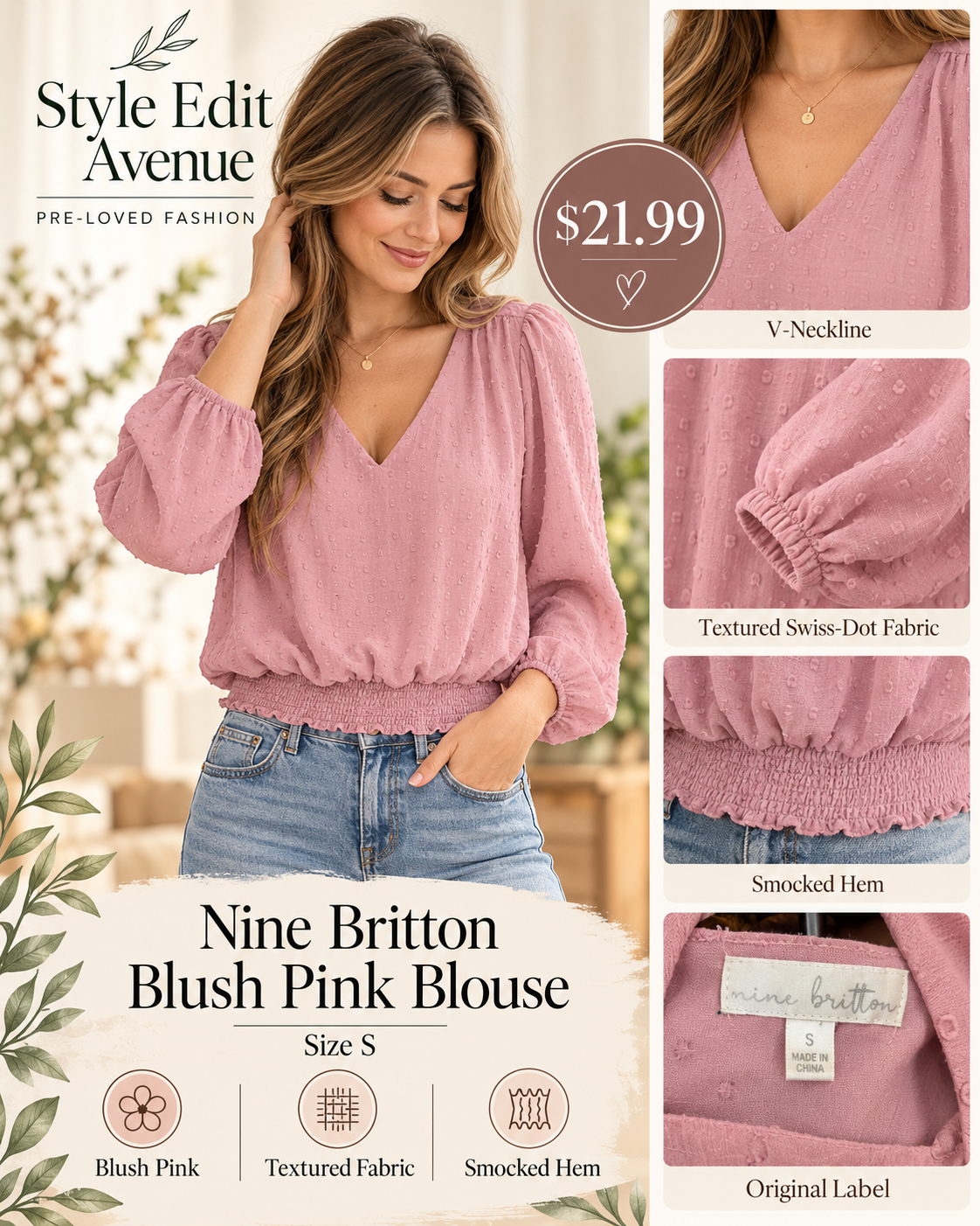 Nine Britton Blush Pink Textured Smocked Blouse — S