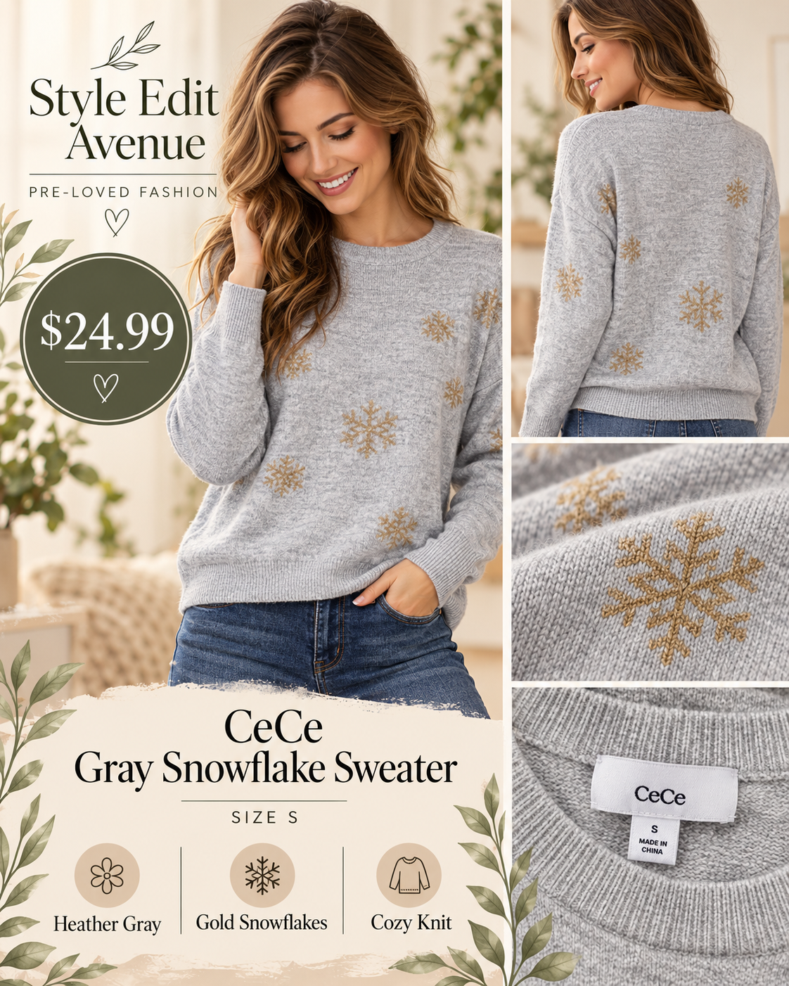 CeCe Gray & Gold Snowflake Knit Sweater — S