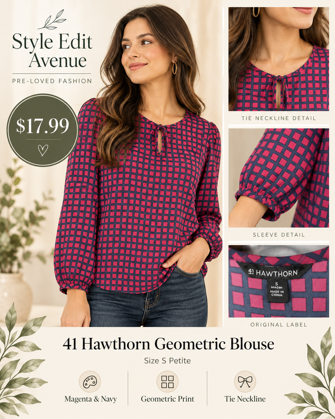 41 Hawthorn Magenta & Navy Geometric Print Blouse — S Petite