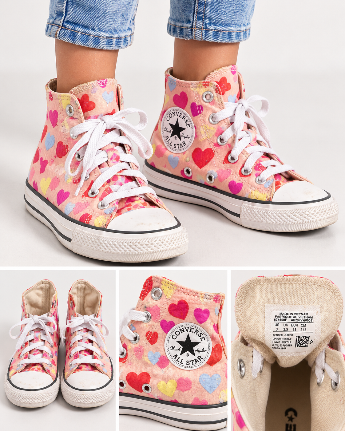 Converse Chuck Taylor All Star Pink Multicolor Hearts High-Top Sneakers – Youth Size 3