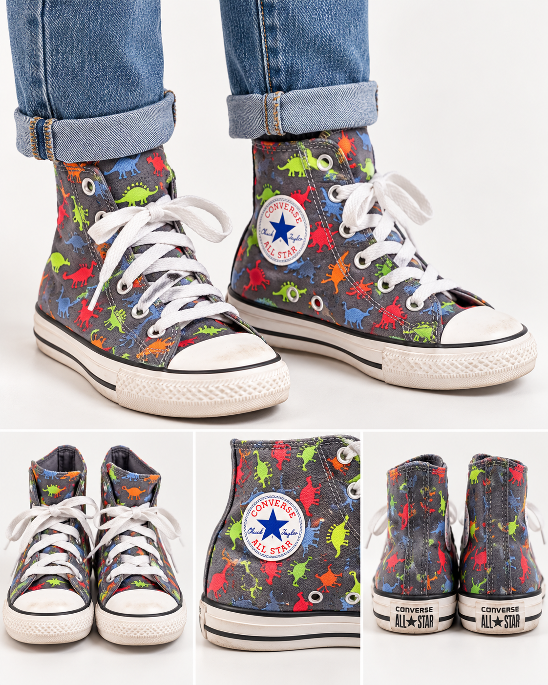 Converse Chuck Taylor All Star Charcoal Multicolor Dinosaur High-Top Sneakers- Size 3