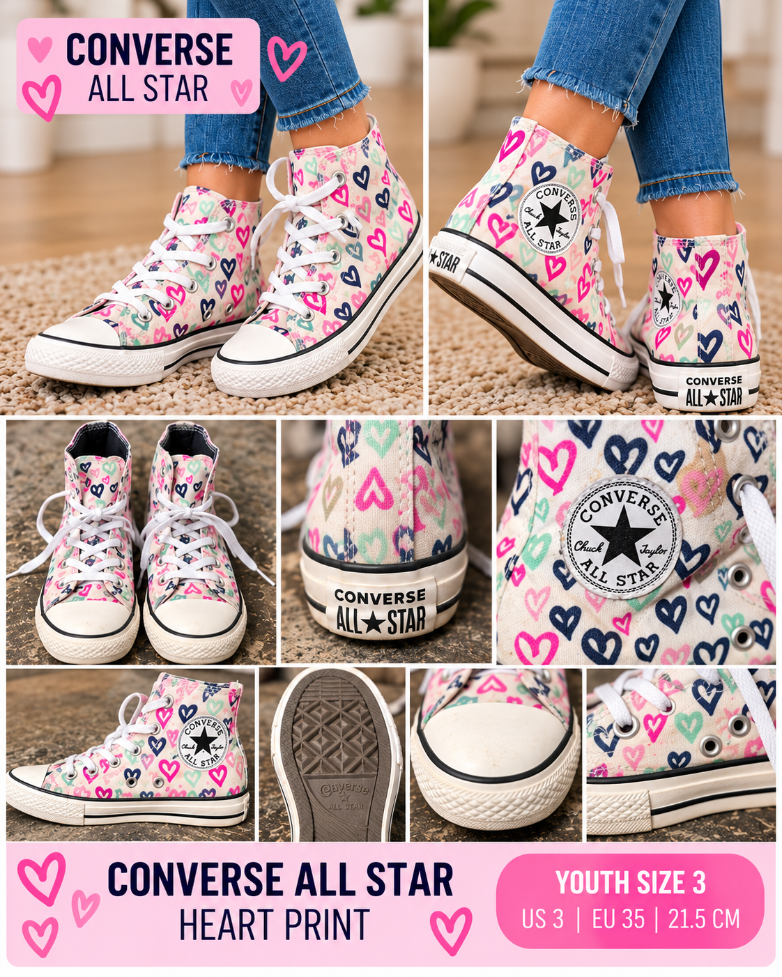 Converse Chuck Taylor All Star Multicolor Heart-Print High-Top Sneakers – Youth Size 3