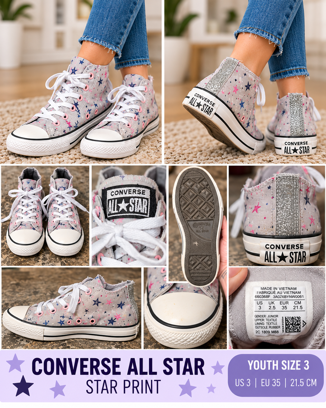 Converse All Star Gray Star-Print Low-Top Sneakers with Glitter Heel – Youth Size 3