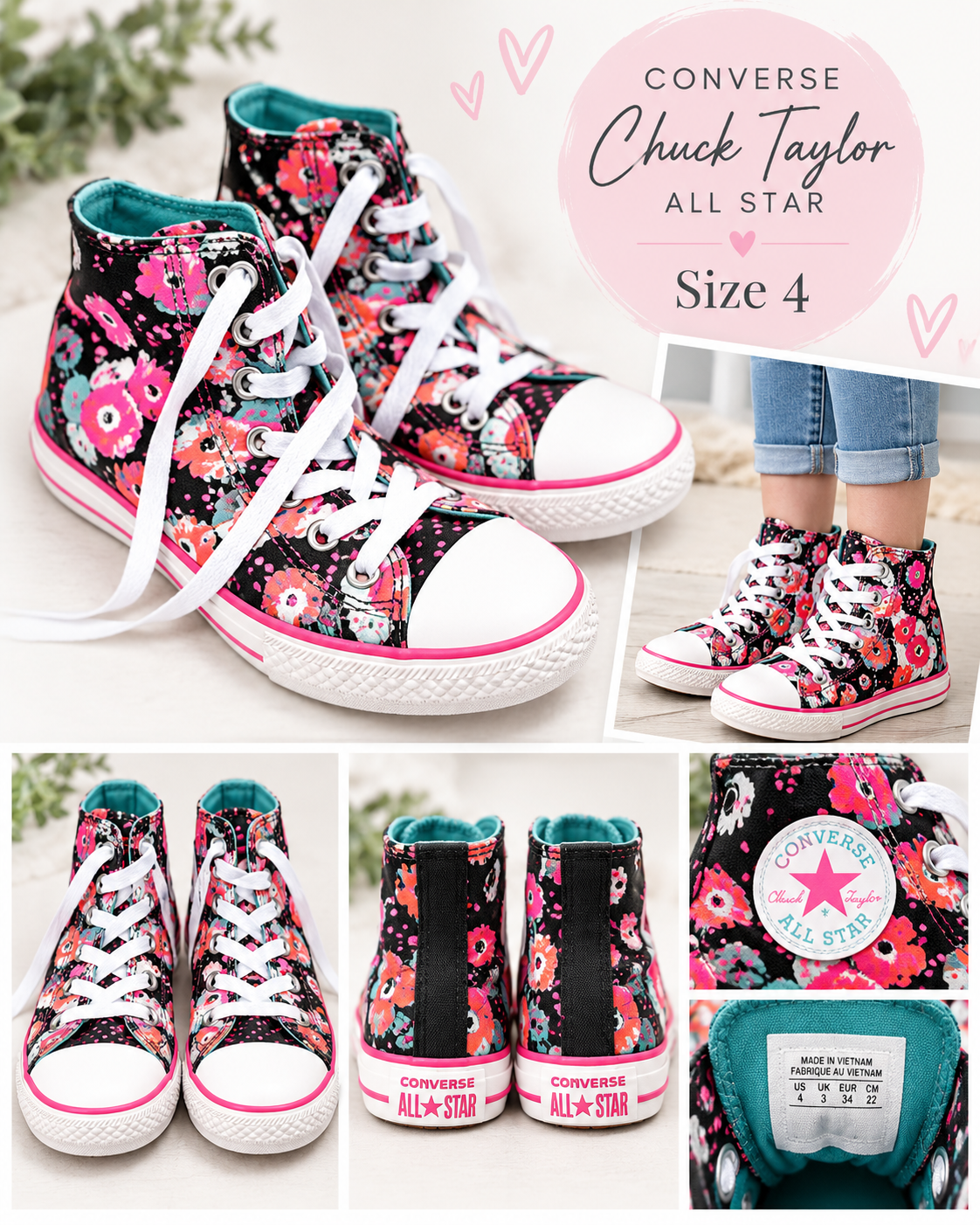 Converse Chuck Taylor All Star Black Pink & Turquoise Floral High-Top Sneakers – Youth Size 4