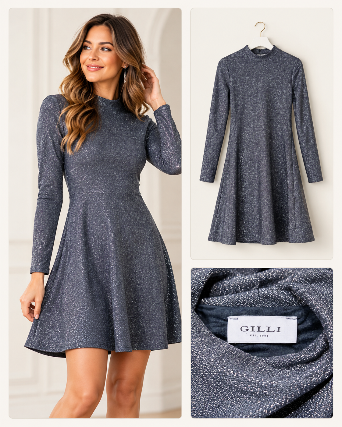Gilli Silver Shimmer Long-Sleeve A-Line Dress