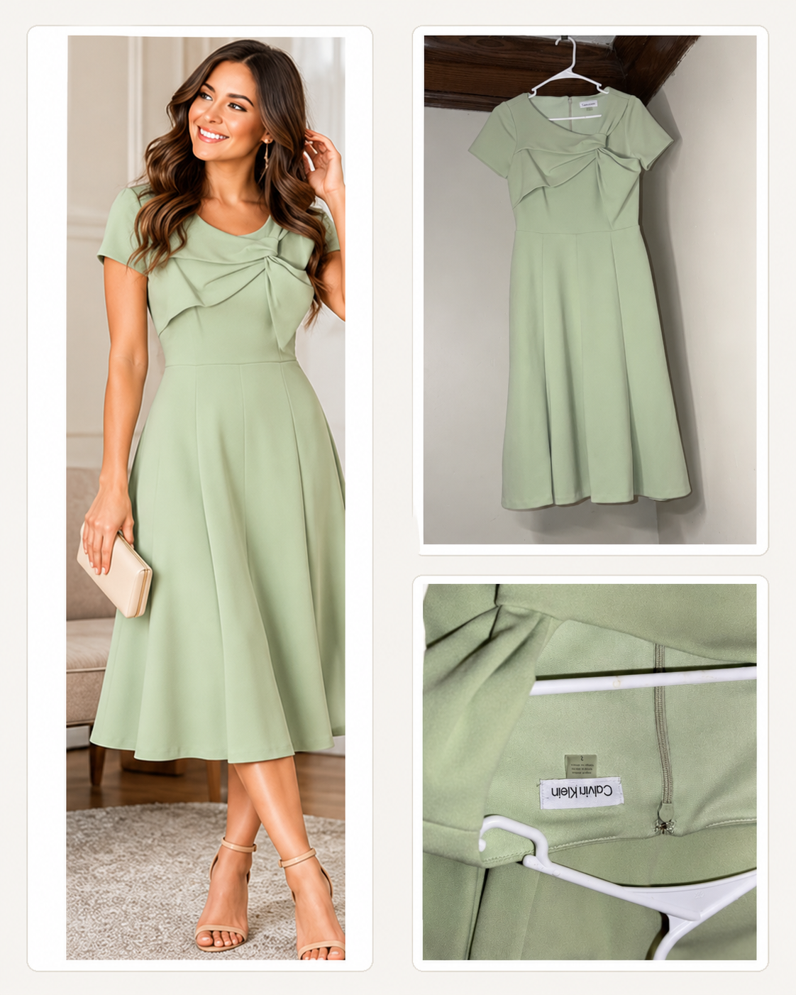 Calvin Klein Sage Green Bow-Front Dress