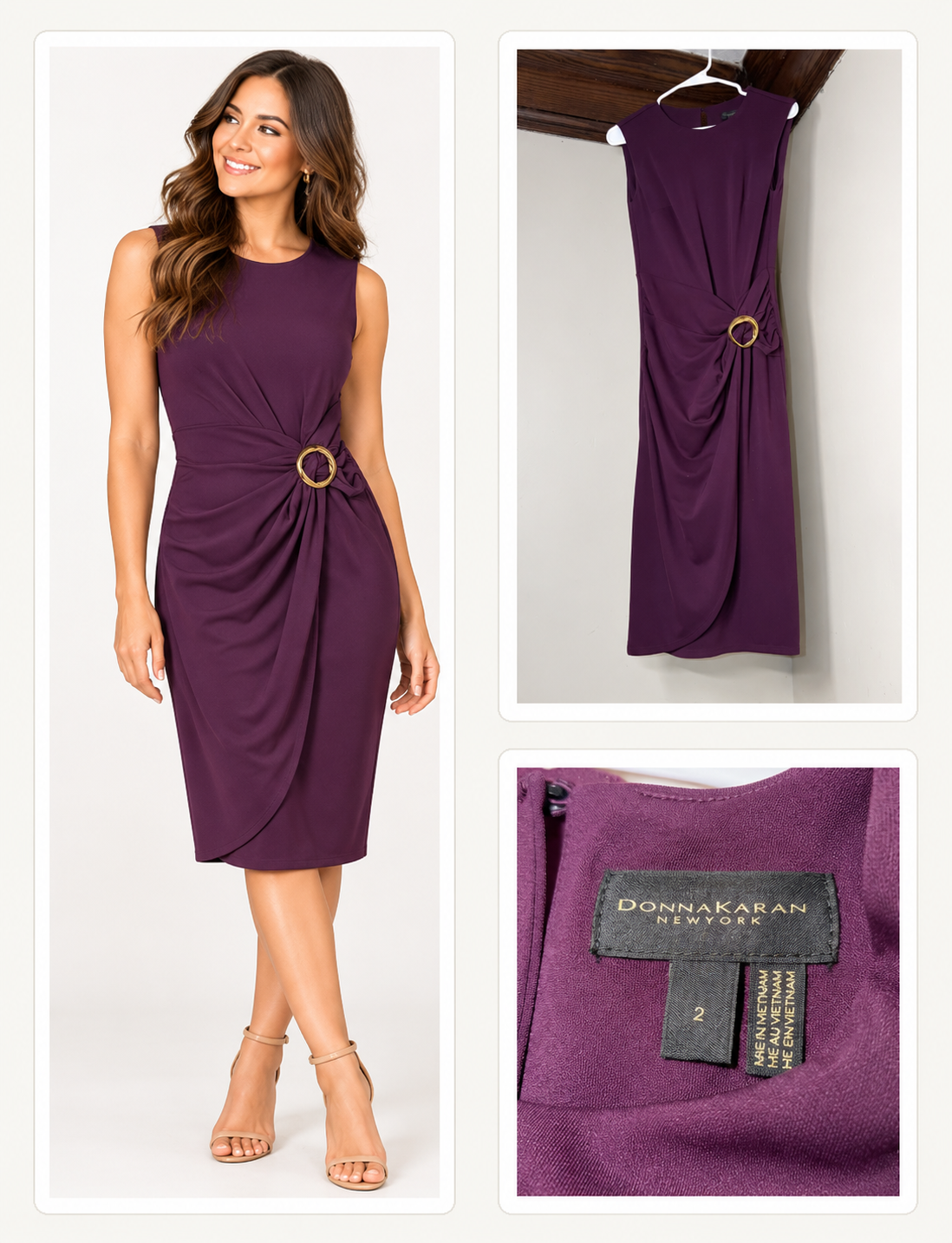 Donna Karan New York Plum Draped Gold Ring Sheath Dress – Size 2