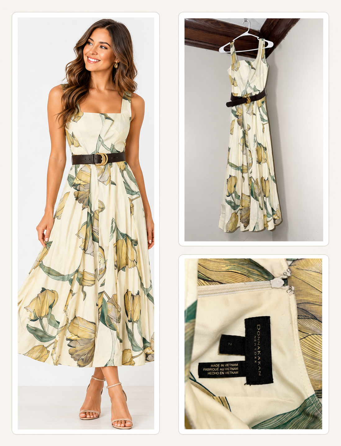 Donna Karan New York Ivory & Yellow Floral Belted Midi Dress – Size 2