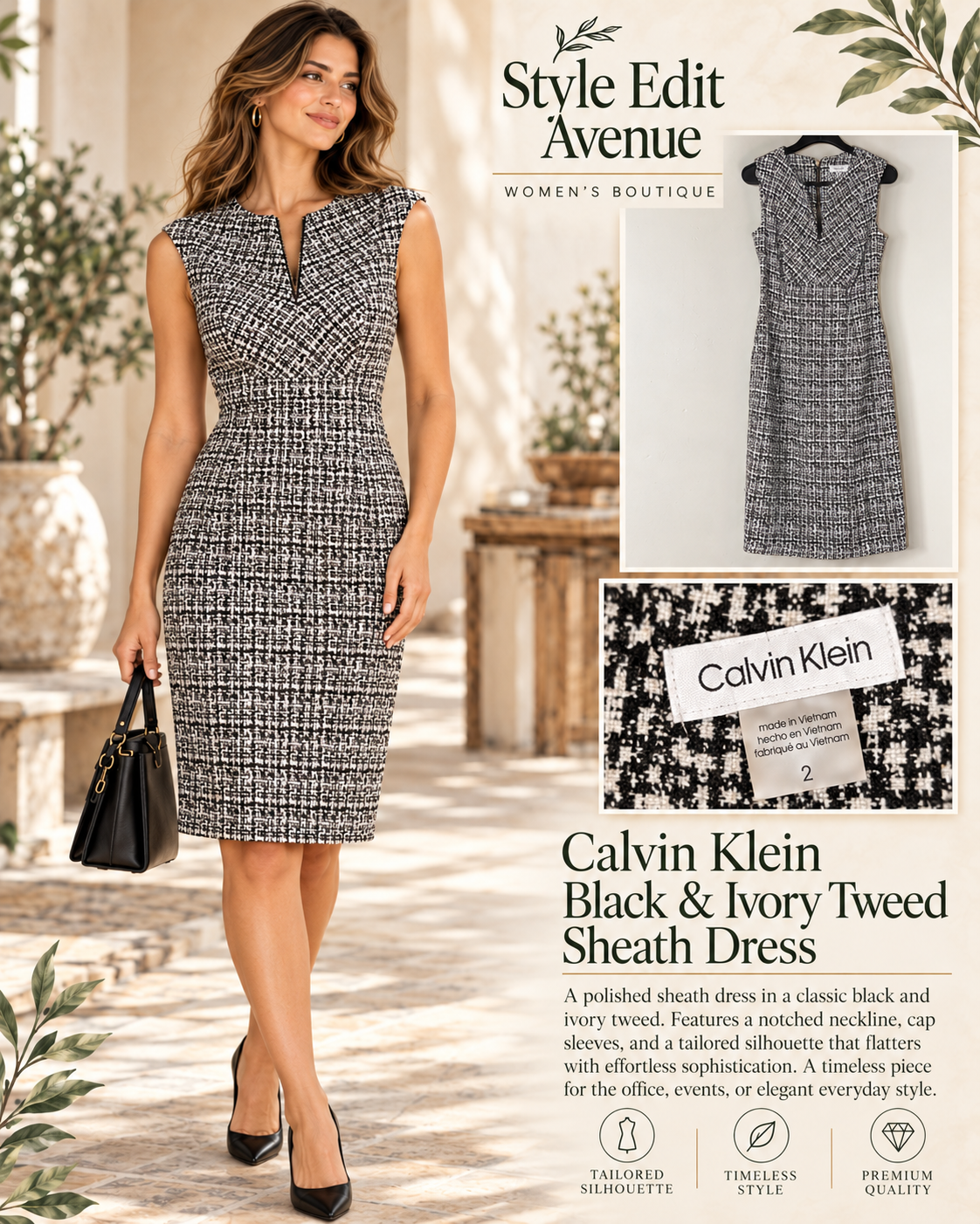 Calvin Klein Black & White Textured Sheath Dress — Size 2