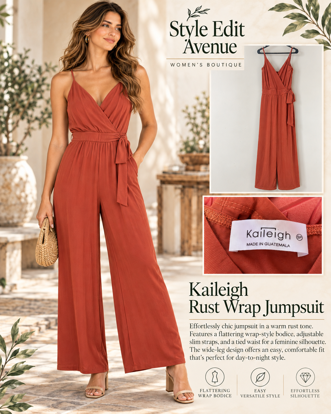 Kaileigh Rust Wrap-Style Wide-Leg Jumpsuit