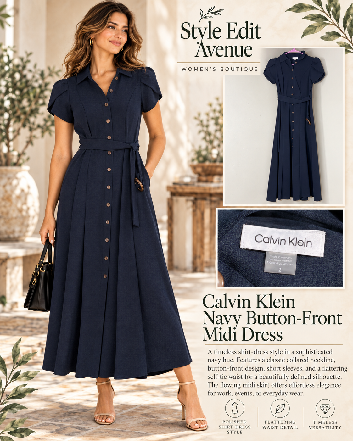 Calvin Klein Navy Blue Button-Front Midi Dress — Size 2