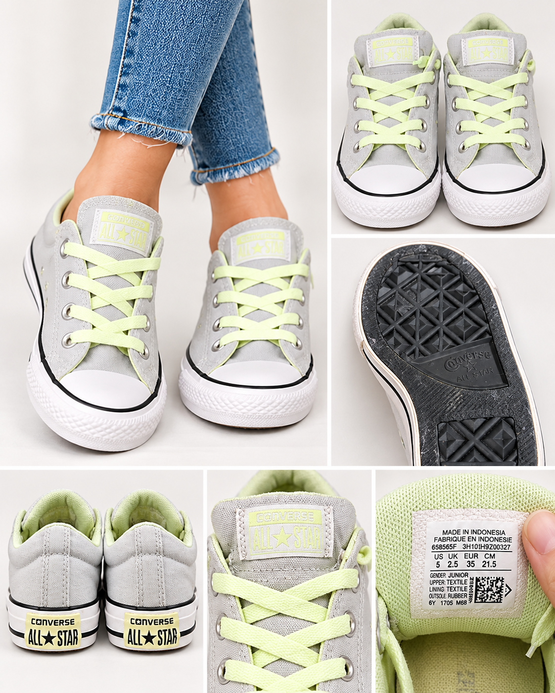 Converse All Star Light Gray Sneakers with Neon Yellow Laces – Youth Size 3