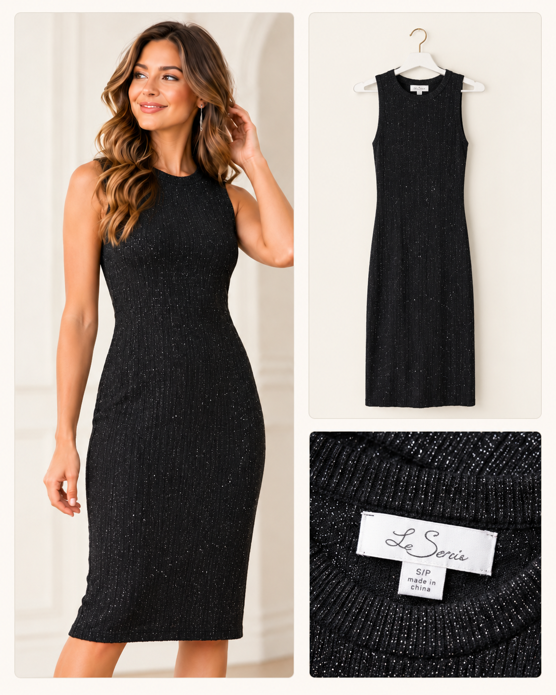 Le Soleil Black Sparkle Sleeveless Knit Dress