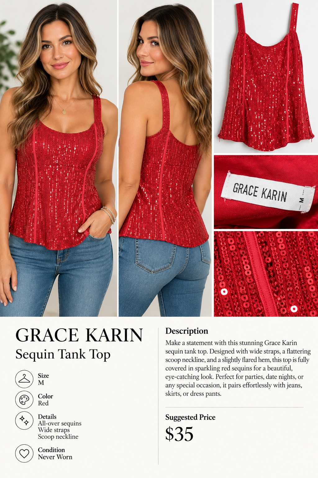 Grace Karin red sequin sleeveless top collage showing front, back, Medium label, and sequin detail