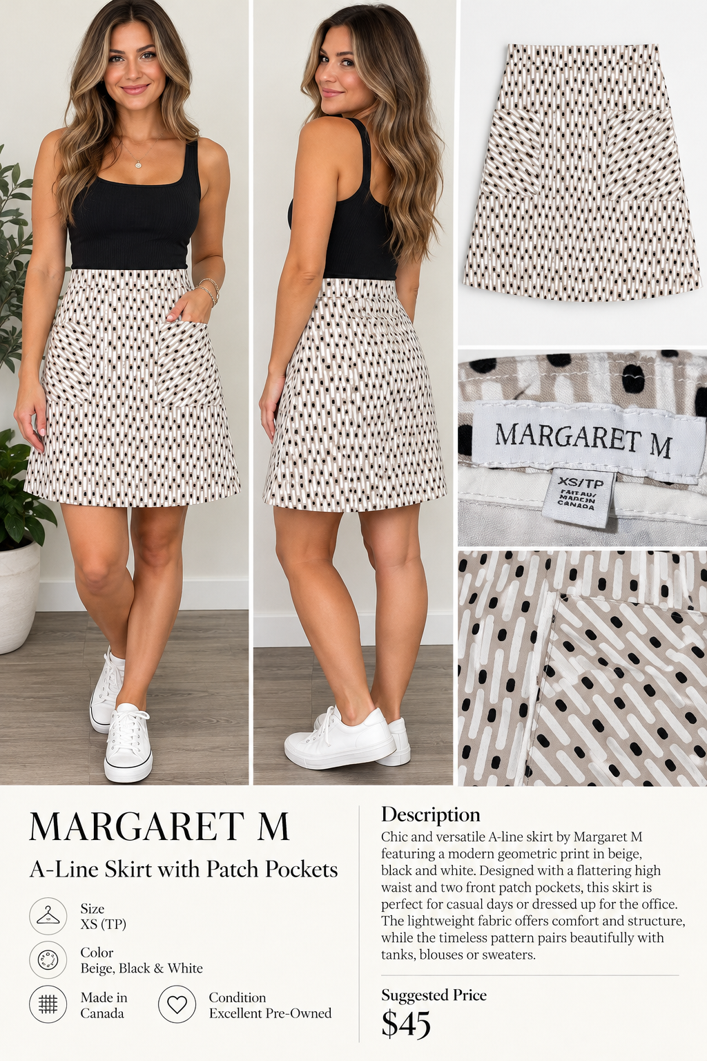 Margaret M geometric print A-line skirt collage showing styling, pockets, and XS label