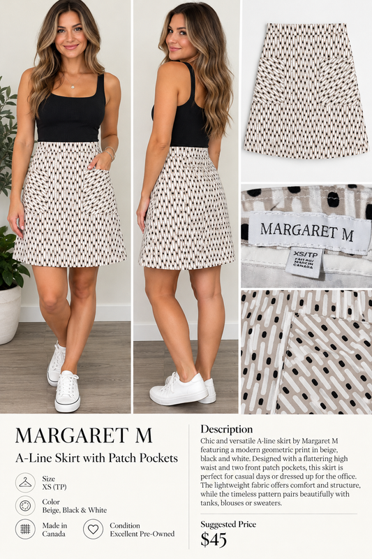 Margaret M geometric print A-line skirt collage showing styling, pockets, and XS label